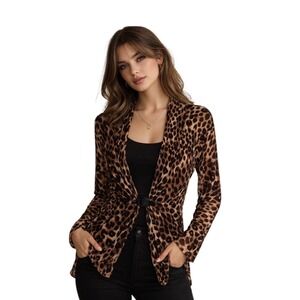 Classic Animal Print Leopard Silk Cardigan Sweater Belt Tie Front Women's XL